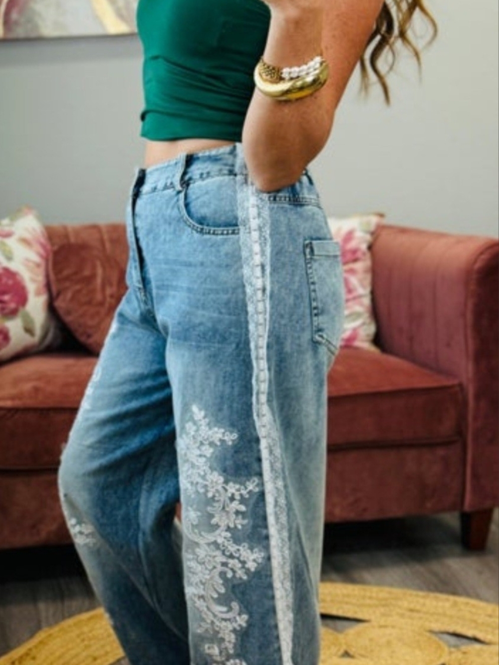 New Galita Denim Floral Lace Beaded Detail Pants Jeans Size Medium